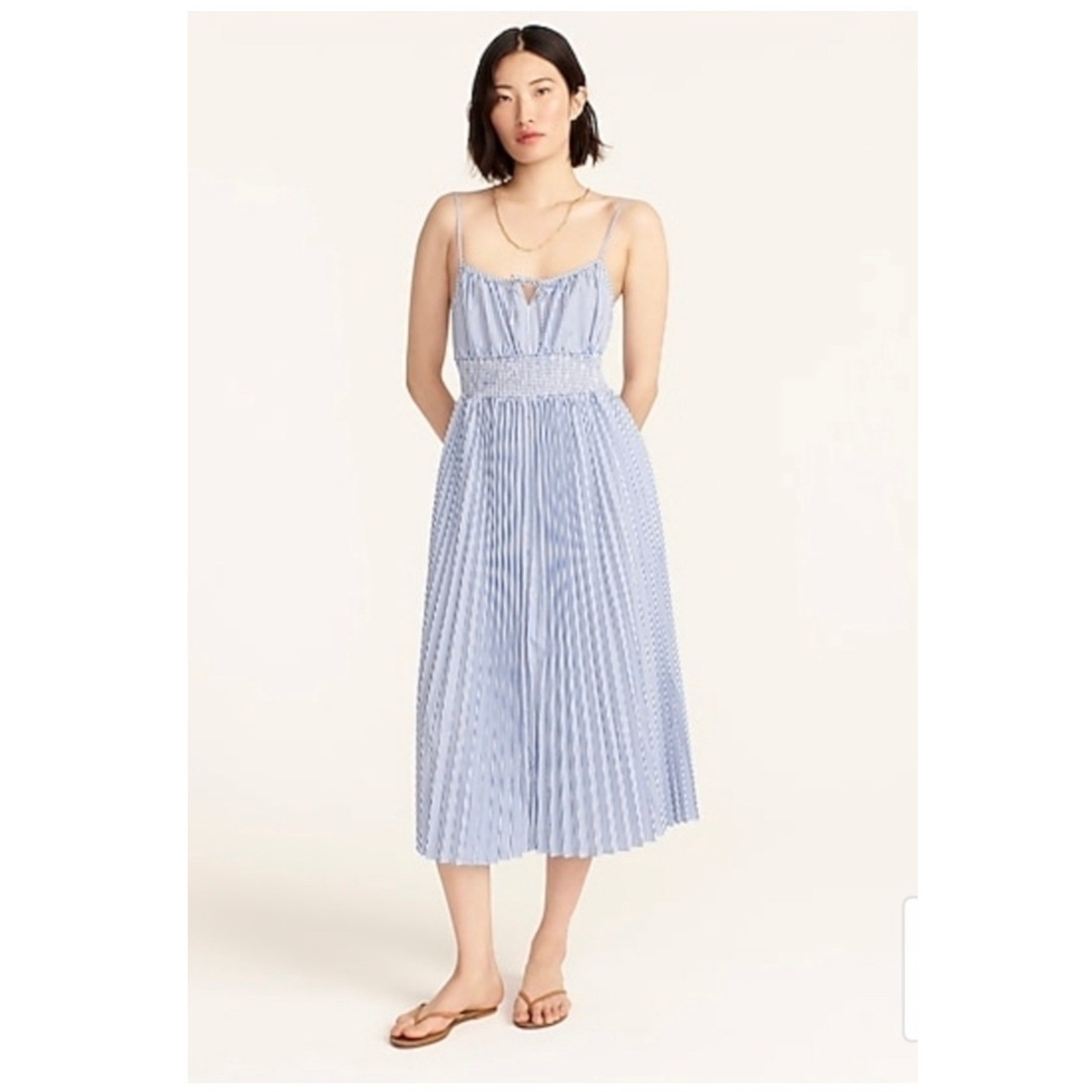 J.Crew Blue White Striped Smocked Midi Dress Pleated Womens 6 New